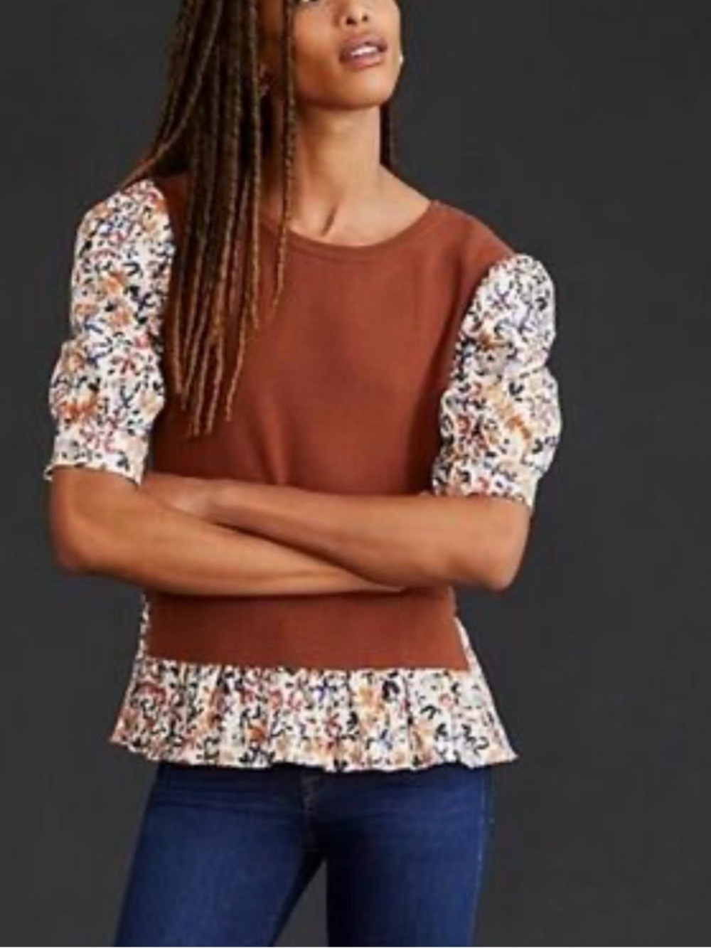 Anthropologie Rust Knit Top with Floral Puff Sleeves
